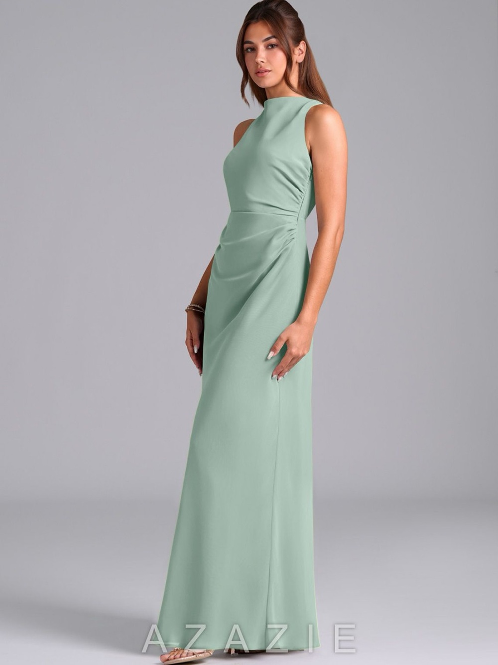 Azazie Evadne High-Neck Ruched Evening Gown